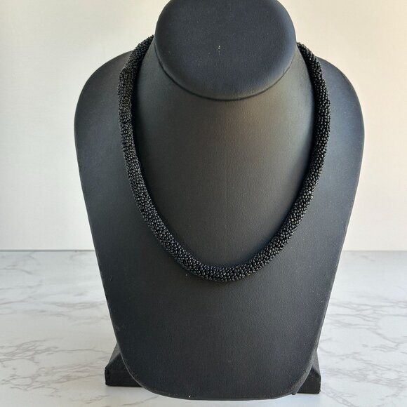 Black Beaded Rope Necklace, Woven Seed Beads, 22 Inch, Glass Bead Crochet - Picture 4 of 9
